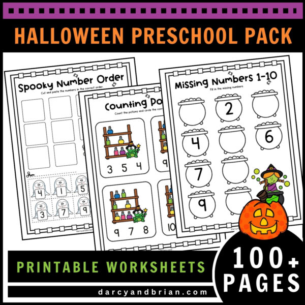 Early math skill practice sheets with Halloween themed images such as number cauldrons.