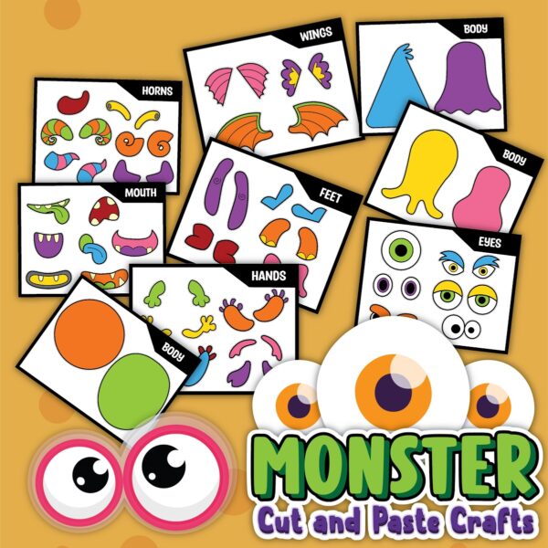 Mockup with colorful versions of the monster craft pieces to cut out and glue together.