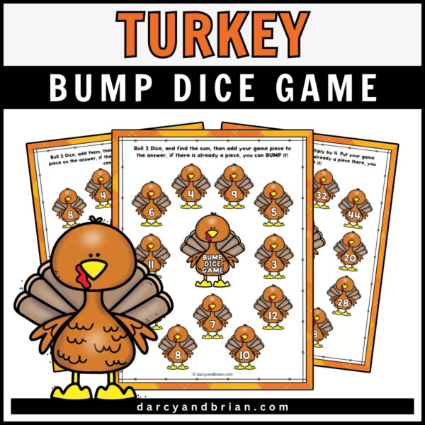 Orange text at top says Turkey. White text on black rectangle says Bump Dice Game. Preview of printable game mats with turkey theme.