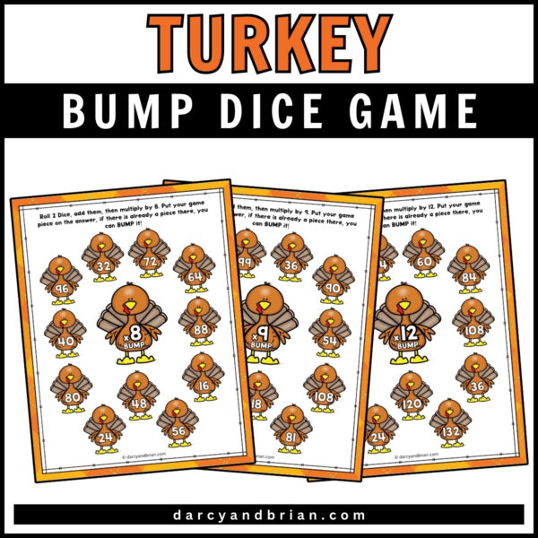 Three different dice game pages with turkeys and different multipliers overlapping each other.