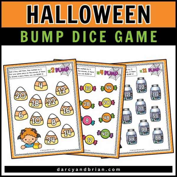 Multiplication printable game with game mats featuring Halloween candy.