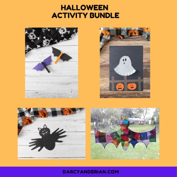 Image shows completed bat and ghost craft templates and instructions that are included in bundle.