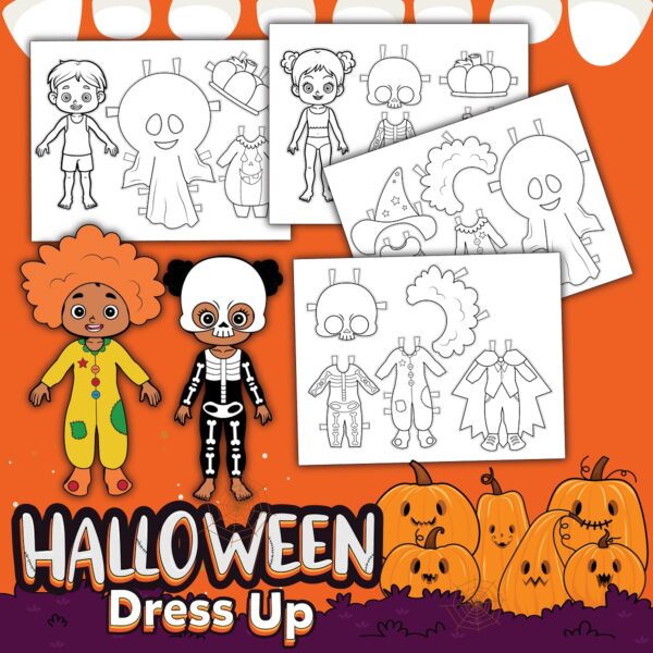 Illustration of kids dressed up as a clown and skeleton with previews of different pages of paper dolls and costume pieces.