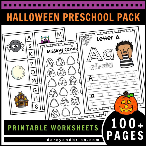 Preview of worksheets from Halloween preschool pack featuring alphabet tracing, filling in missing letters, and beginning sounds clip cards.