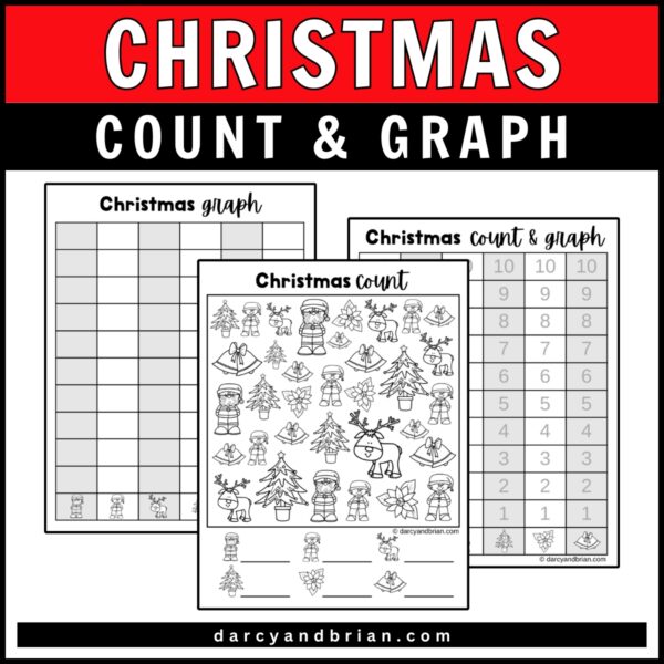 Bllack-and-white Christmas-themed "Count & Graph" worksheets featuring festive icons like Santa, reindeer, Christmas trees, and gifts, with bold black text labeling each worksheet clearly.