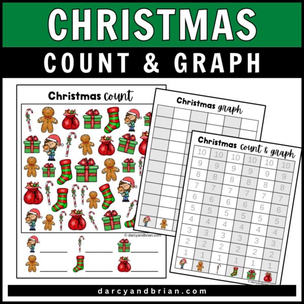 White text on green and black background across the top says Christmas Count & Graph. Preview images of color worksheets featuring presents, candy canes, elves, and gingerbread men.