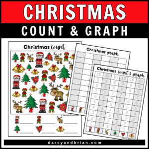 Colorful version of the same worksheets, with bright, vivid colors used for the icons and the text. Santa is in red, Christmas trees are green, reindeer are brown, and the text is in festive red and green. The cheerful colors make the holiday theme pop, making the worksheets more visually engaging.