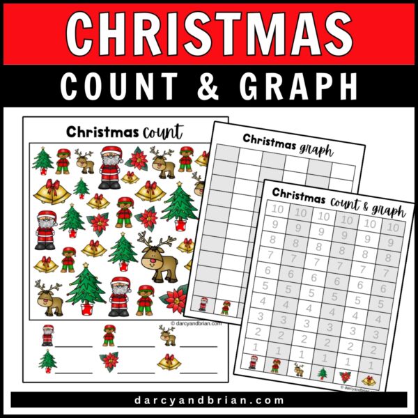 Colorful version of the same worksheets, with bright, vivid colors used for the icons and the text. Santa is in red, Christmas trees are green, reindeer are brown, and the text is in festive red and green. The cheerful colors make the holiday theme pop, making the worksheets more visually engaging.