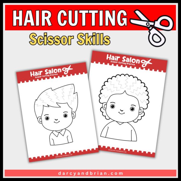 Two scissor skill worksheets featuring characters with unique hairstyles, one with spiky hair and the other with a fluffy hairstyle. The text "Hair Cutting Scissor Skills" is prominently displayed above.