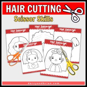 several printable scissor skill worksheets, each featuring characters with different hairstyles for cutting practice. A pair of scissors is placed on one worksheet, and the title "Hair Cutting Scissor Skills" is displayed boldly at the top.