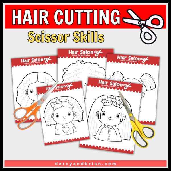 several printable scissor skill worksheets, each featuring characters with different hairstyles for cutting practice. A pair of scissors is placed on one worksheet, and the title "Hair Cutting Scissor Skills" is displayed boldly at the top.