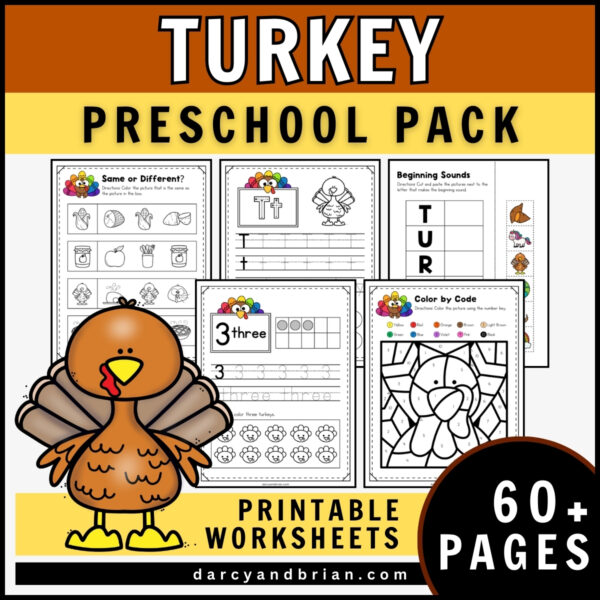 Preview of five pages from a turkey themed pack of worksheets for preschoolers. Includes coloring, math, and literacy activities.