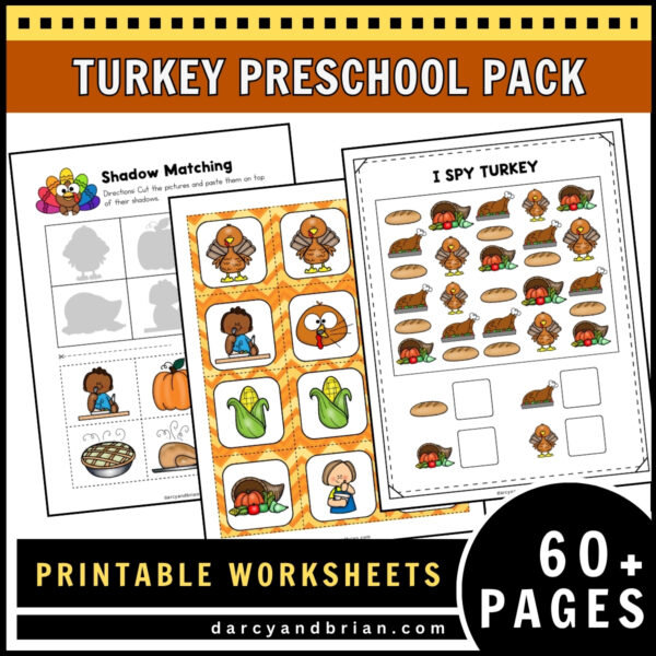 Preview of shadow match page, printable matching game cards, and turkey I Spy page in activity packet.