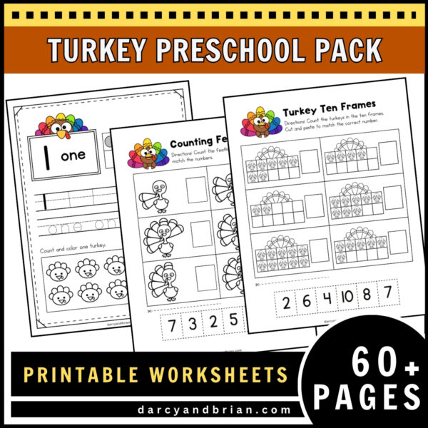 Preview of three different types of counting activities all featuring turkeys and their feathers.