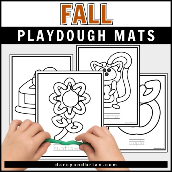 Red-orange text says 'Fall,' while white text on a black rectangular textbox says 'Playdough Mats,' accompanied by a preview of black and white printable fall playdough mats featuring autumn-themed designs.