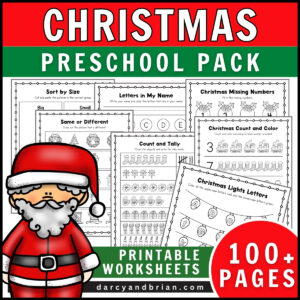 White text on red and green background along the top says Christmas Preschool Pack. Preview of several worksheets that are included and decorated with colorful clipart art of a Santa Claus in the bottom left corner.