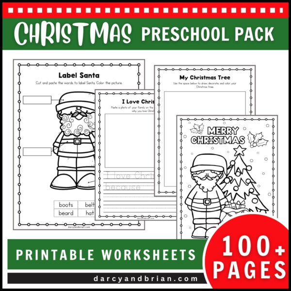 Preview of four worksheets featuring labeling Santa, a coloring page, and drawing prompts. The image has green and red border.