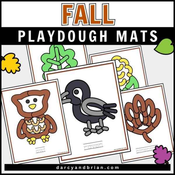 Red-orange text says 'Fall,' while white text on a black rectangular textbox says 'Playdough Mats,' accompanied by a preview of colorful printable fall playdough mats featuring autumn-themed designs.