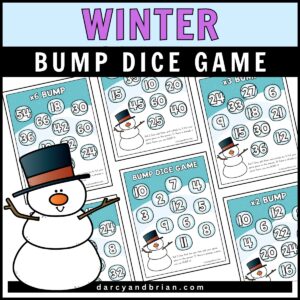 Violet text says 'Winter,' with white text on a black rectangular textbox saying 'Bump Dice Game,' with a snowman graphic. Preview of printable Winter Bump Dice Game with winter-themed activity pages, featuring different pages of the game.