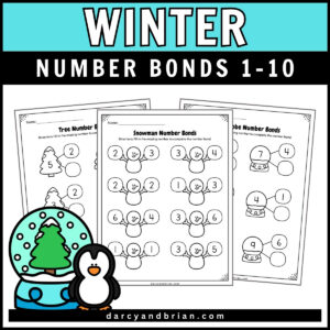 Cyan background with white text saying 'Winter,' and white text on a black rectangular textbox saying 'Number Bonds 1-10.' Preview of Winter Number Bonds 1-10 worksheets featuring a penguin and Christmas tree snowglobe graphic, along with three different pages of activities.