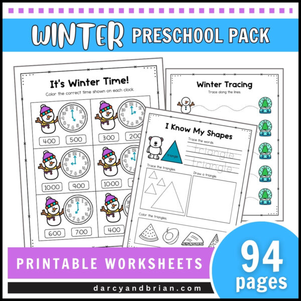 White text on a blue rectangular background says 'Winter Preschool Pack.' Preview of Winter Preschool Pack featuring winter-themed assorted activities, with 3 pages of different activities.