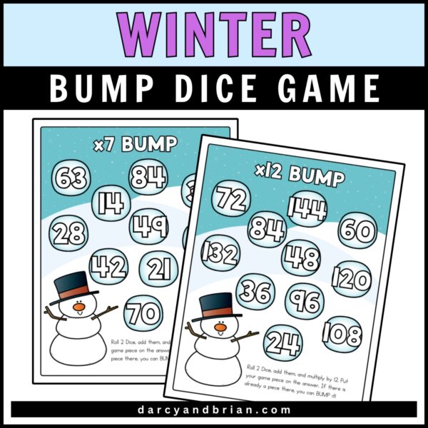 Violet text says 'Winter,' with white text on a black rectangular textbox saying 'Bump Dice Game.' Preview of printable Winter Bump Dice Game with winter-themed activity pages, showcasing two pages of the game.