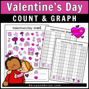 A white text on a pink background says 'Valentine's' and white text on a black background says 'Count and Graph,' with three different pages displayed. A colorful Valentine's Day Count and Graph worksheet featuring hearts, flowers, and candies for a fun counting and graphing activity.